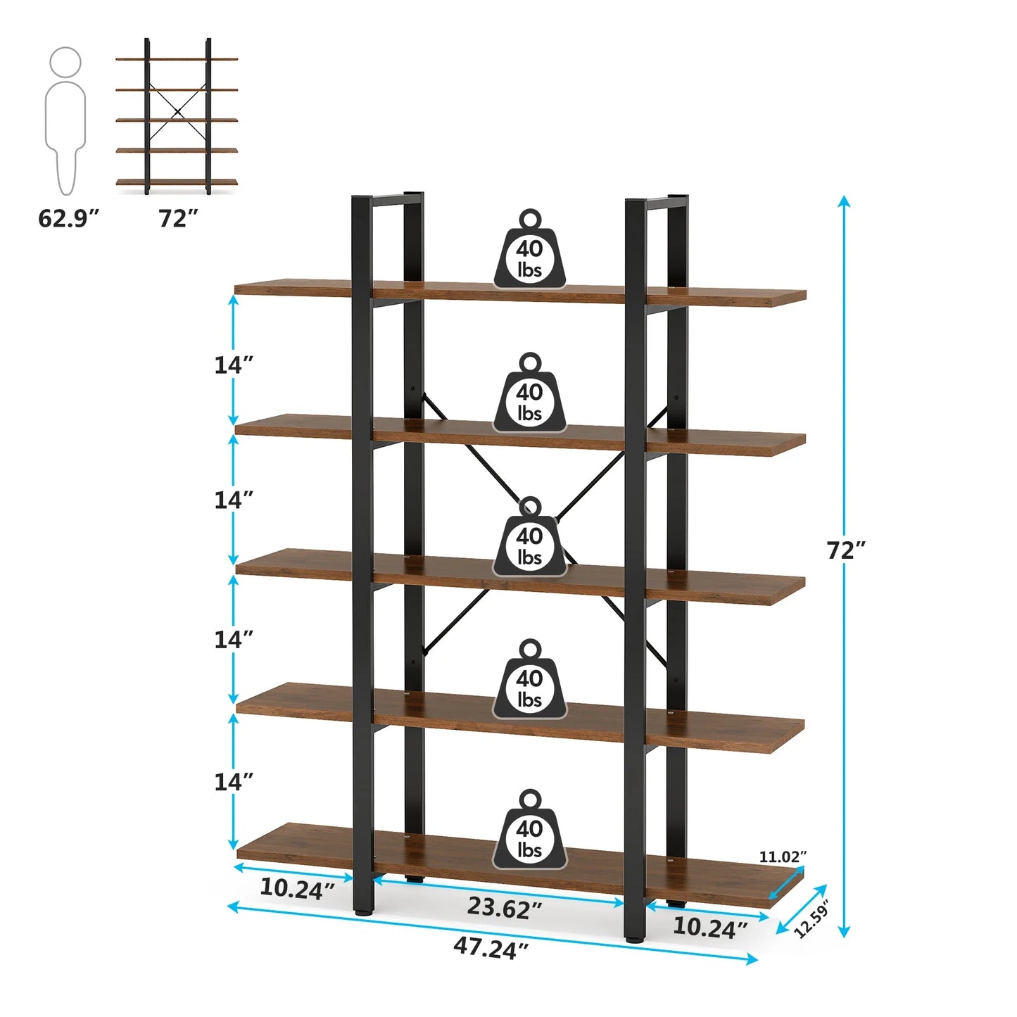 Tribesigns 5-Tier Bookshelf, Vintage Industrial Style Bookcase 72 H x 12 W x 47L Inches, Retro Brown