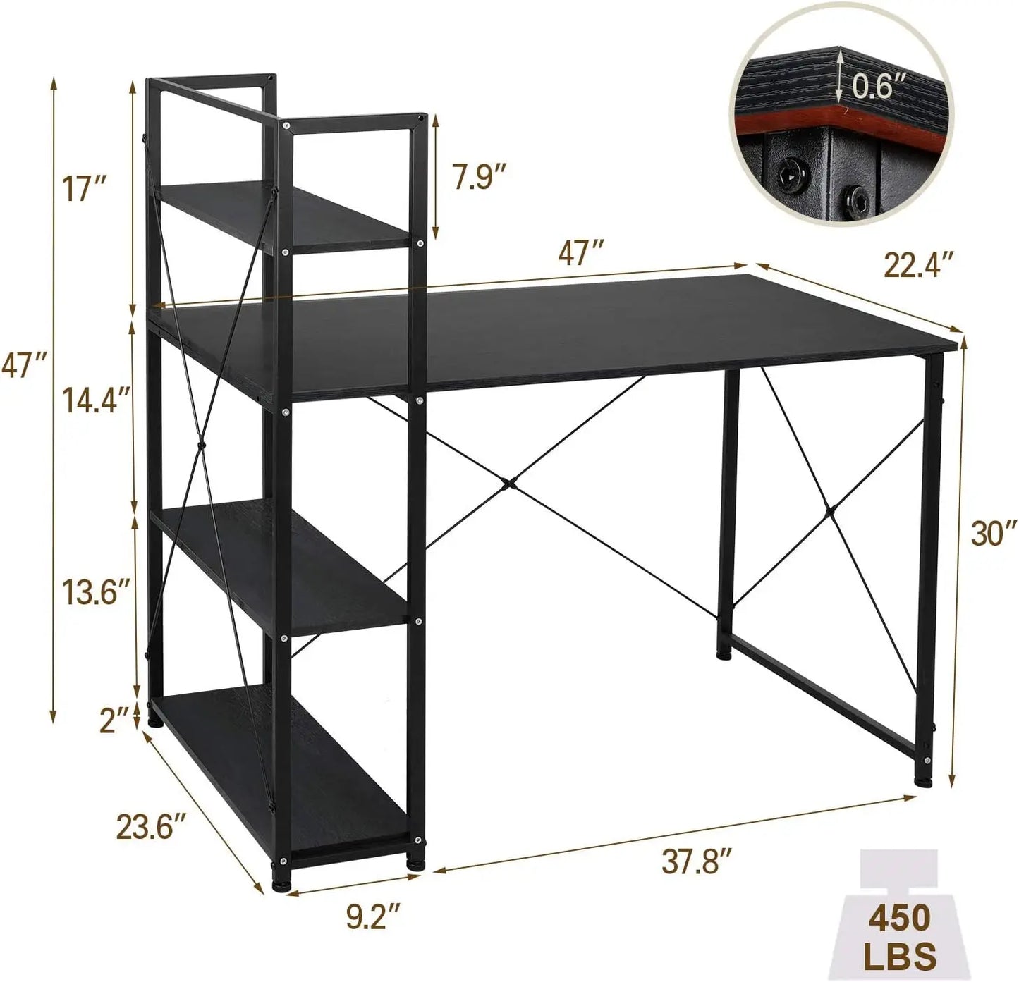 AOOU Computer Desk with 4 Tier Shelves, 47'' Study Writing Table for Home Office, Modern Compact Simple Workstation w/Reversible