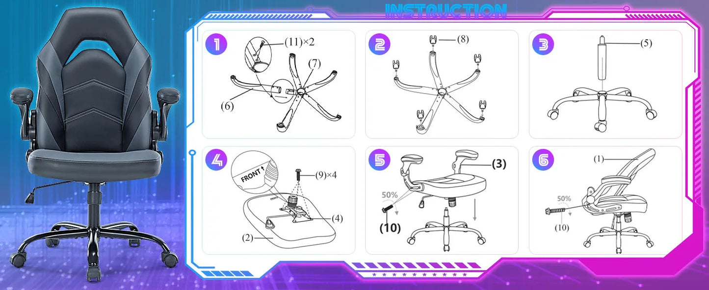 JHK Ergonomic Office Computer Gaming Desk Chair Adjustable Swivel Task PU Leather Racing Chair with Flip-up Armrest For Office