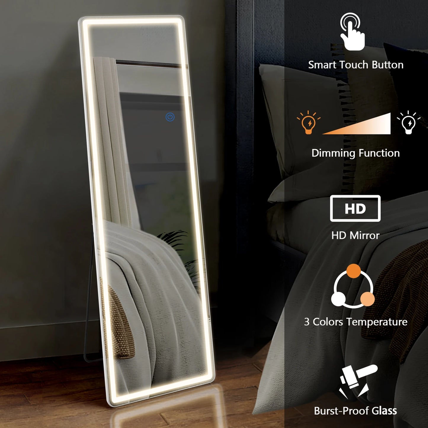 JHK Led 64"x21" Full Length Mirror Standing Hanging or Wall-Mounted Mirrors with Stand Aluminum Alloy Frame For Living Room