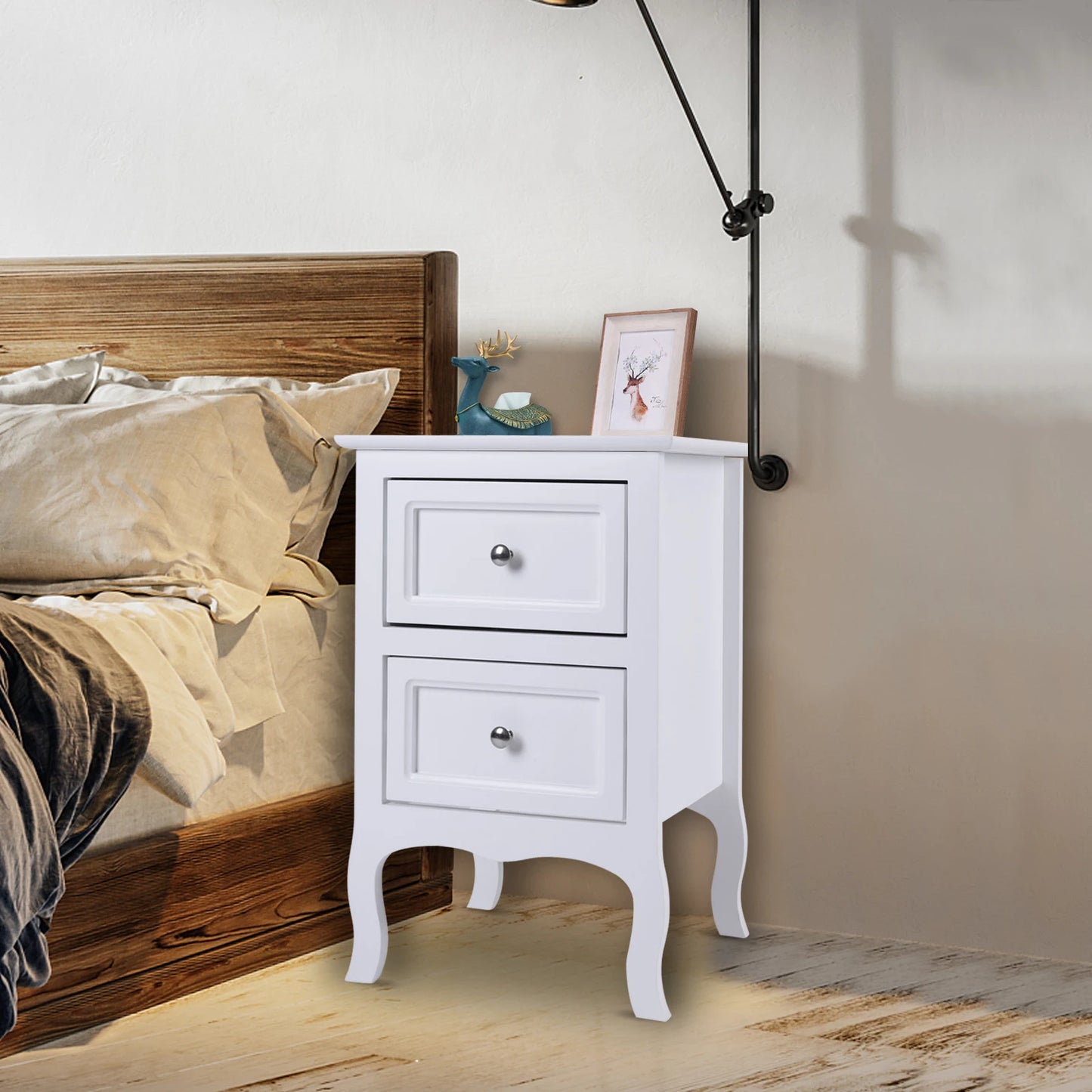 2pcs Country Style Nightstand 2-Tier Night Tables Large Size Bedside Table End Table White/Grey/Brown[US-W]