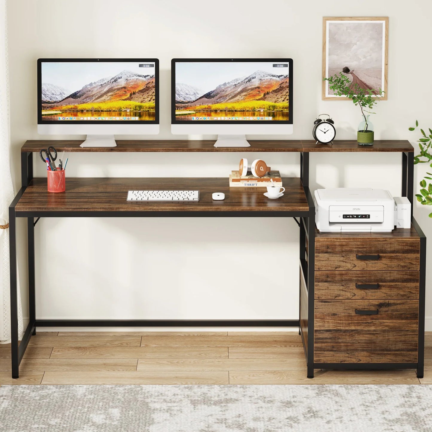 Tribesigns 63 Inch Computer Desk with File Drawer Cabinet, Ergonomic Office Desk with Monitor Stand, Industrial Computer Table