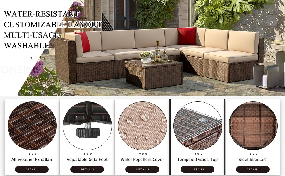 7 Pieces Patio Furniture Set, Outdoor Conversation Set Wicker Rattan Sectional Sofa with Coffee Table, for Garden, Backyard