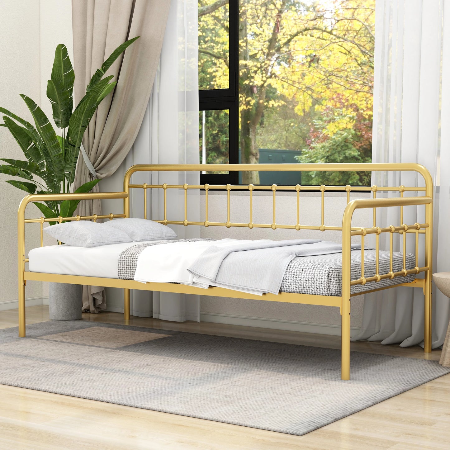 Victorian Twin Metal Daybed Frame Steel Slat Support Platform Mattress Foundation Sofa Bed for Living Room Guest Room Black