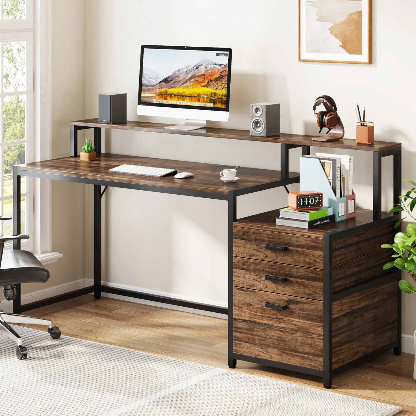 Tribesigns 63 Inch Computer Desk with File Drawer Cabinet, Ergonomic Office Desk with Monitor Stand, Industrial Computer Table