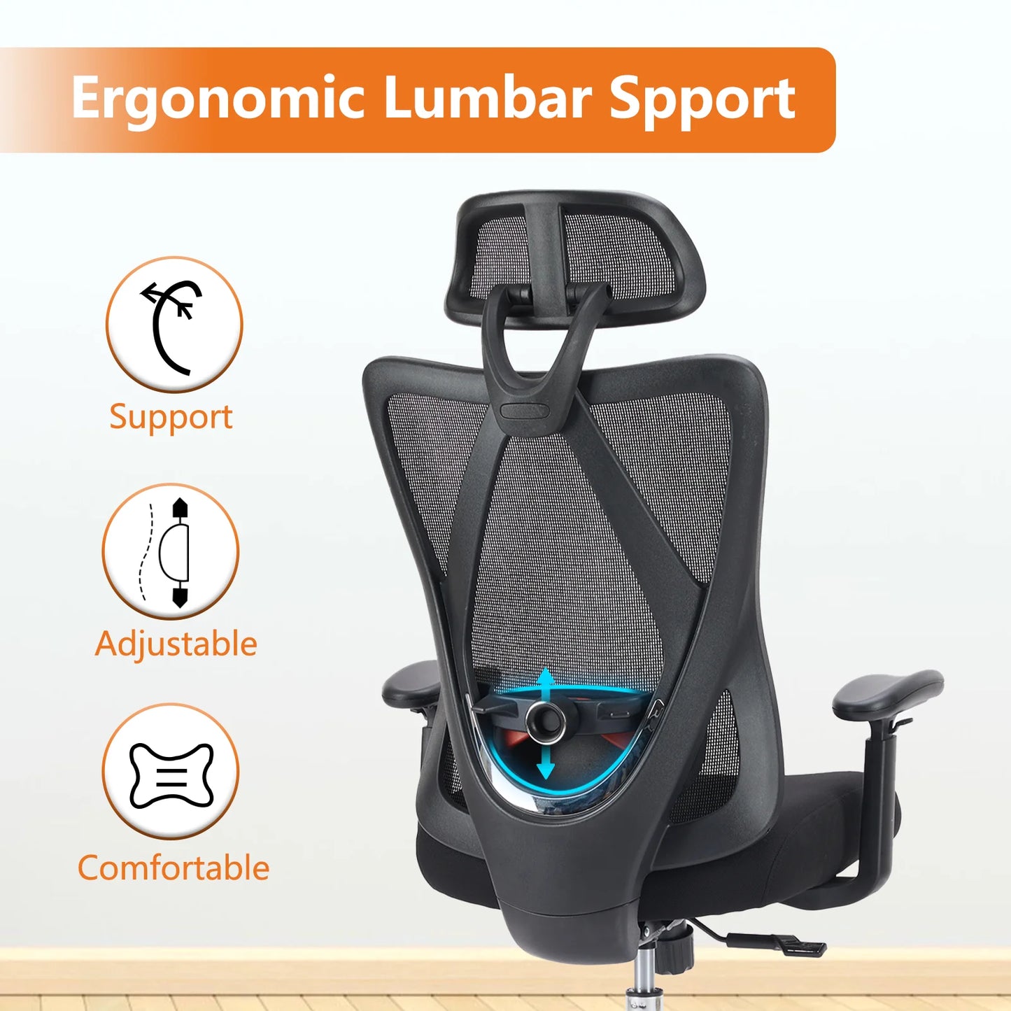 JHK Ergonomic Lumbar Support Mesh Backrest Office Chair Adjustable Height Headrest Breathable Back Rolling Swivel Gaming Chairs