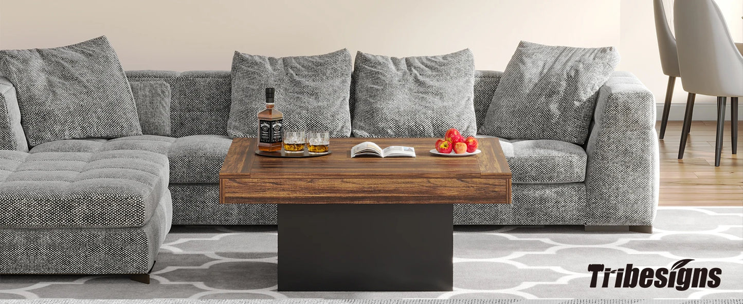 Tribesigns Coffee Table Square LED Coffee Table Engineered Wood Low Coffee Table for Living Room Rustic Brown & Black