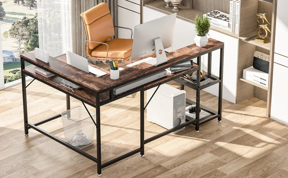 Tribesigns 69 Inch L Shaped Desk with Monitor Stand Large Reversible Corner Desk with Storage Shelf Industrial Computer Table