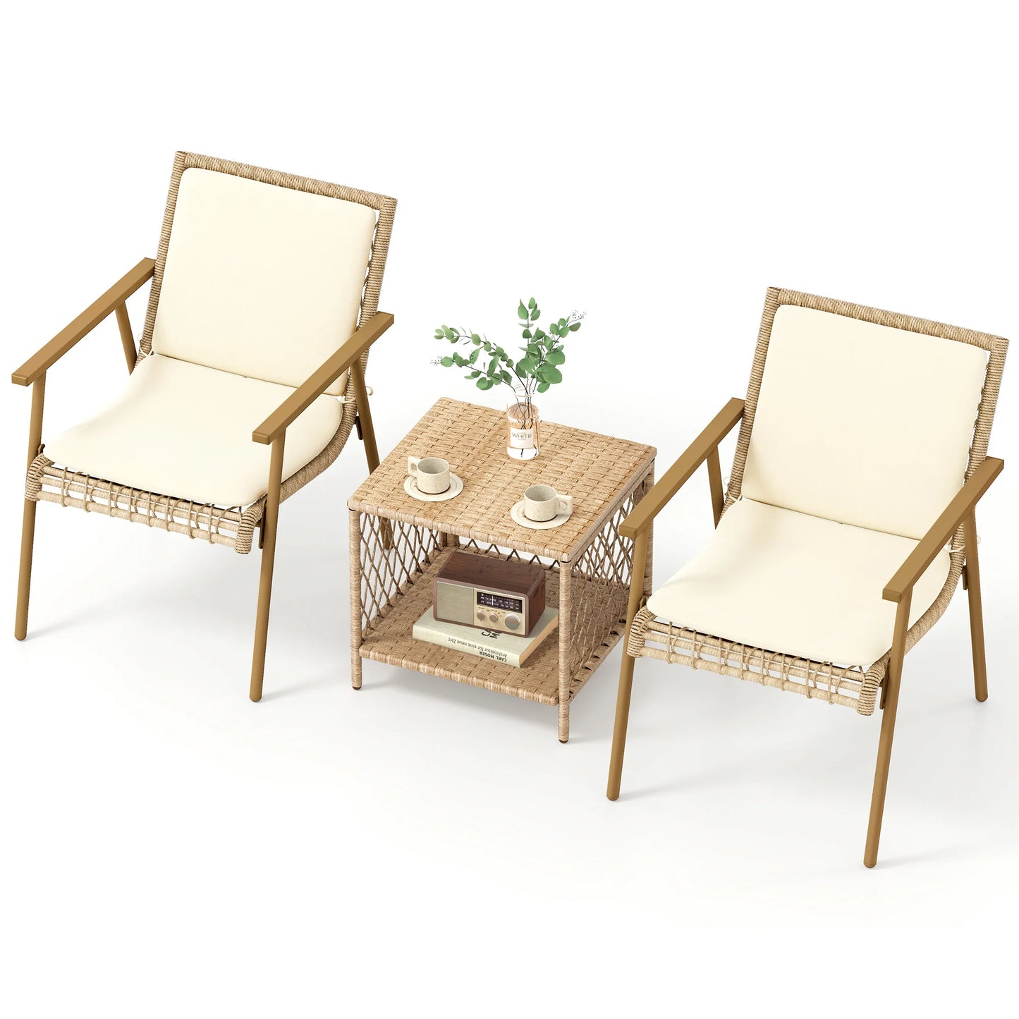 3 Pieces Patio Furniture Set Sofa Chair PE Rattan Wicker Outdoor With Cushion