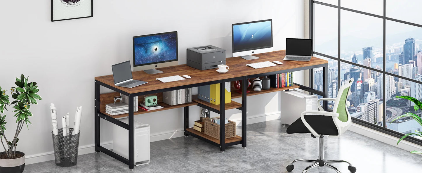 Tribesigns Two Person Desk with Bookshelf, 78.7 Computer Office Double Desk for Two Person, Rustic Writing Desk Workstation