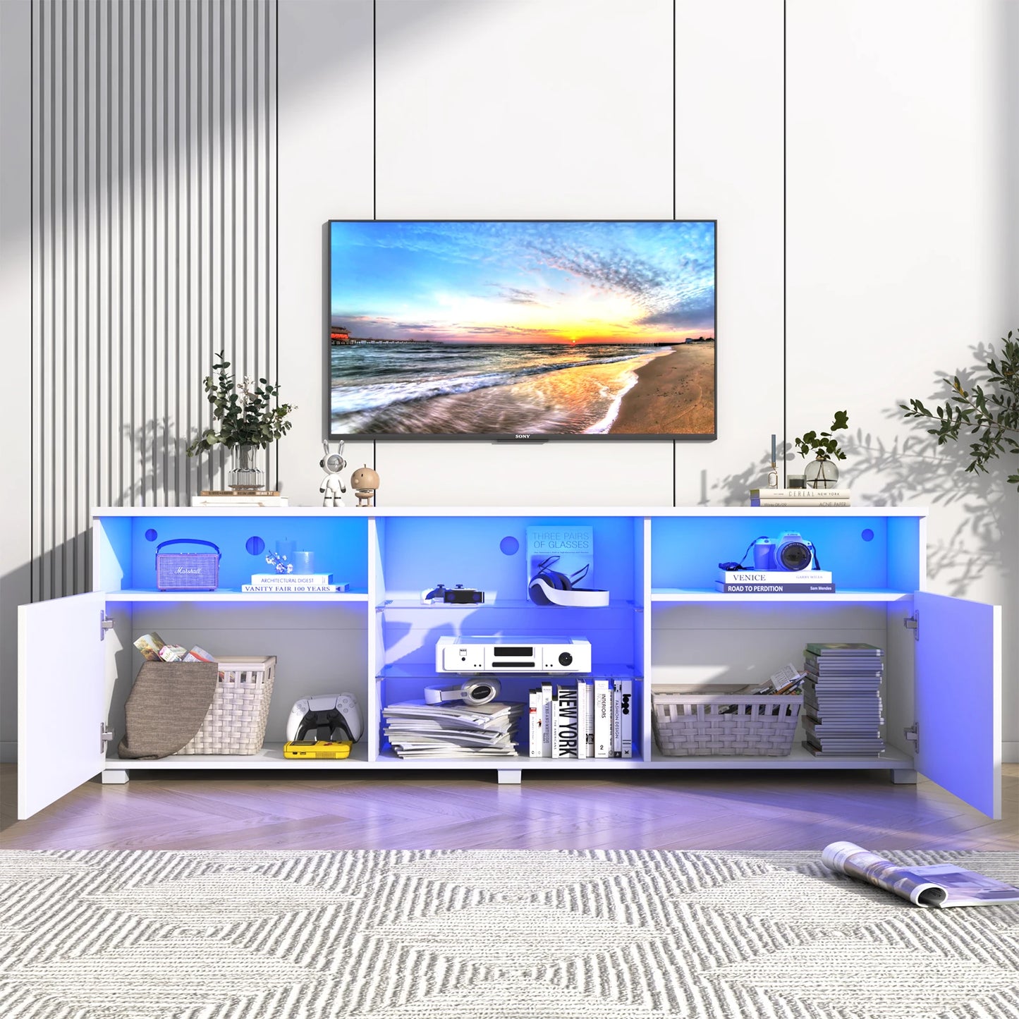 57" LED TV Stand for 55/60/65" TV, High Gloss TV Cabinet with Adjustable Storage Shelves, Modern LED Entertainment Center, White