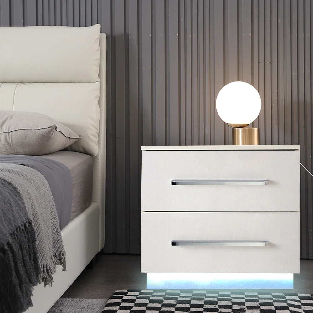 CNCEST Modern Bedside End Table with LED Light Bedside Nighstand Table with 2 Drawers Remote Control for Light Colors Changing