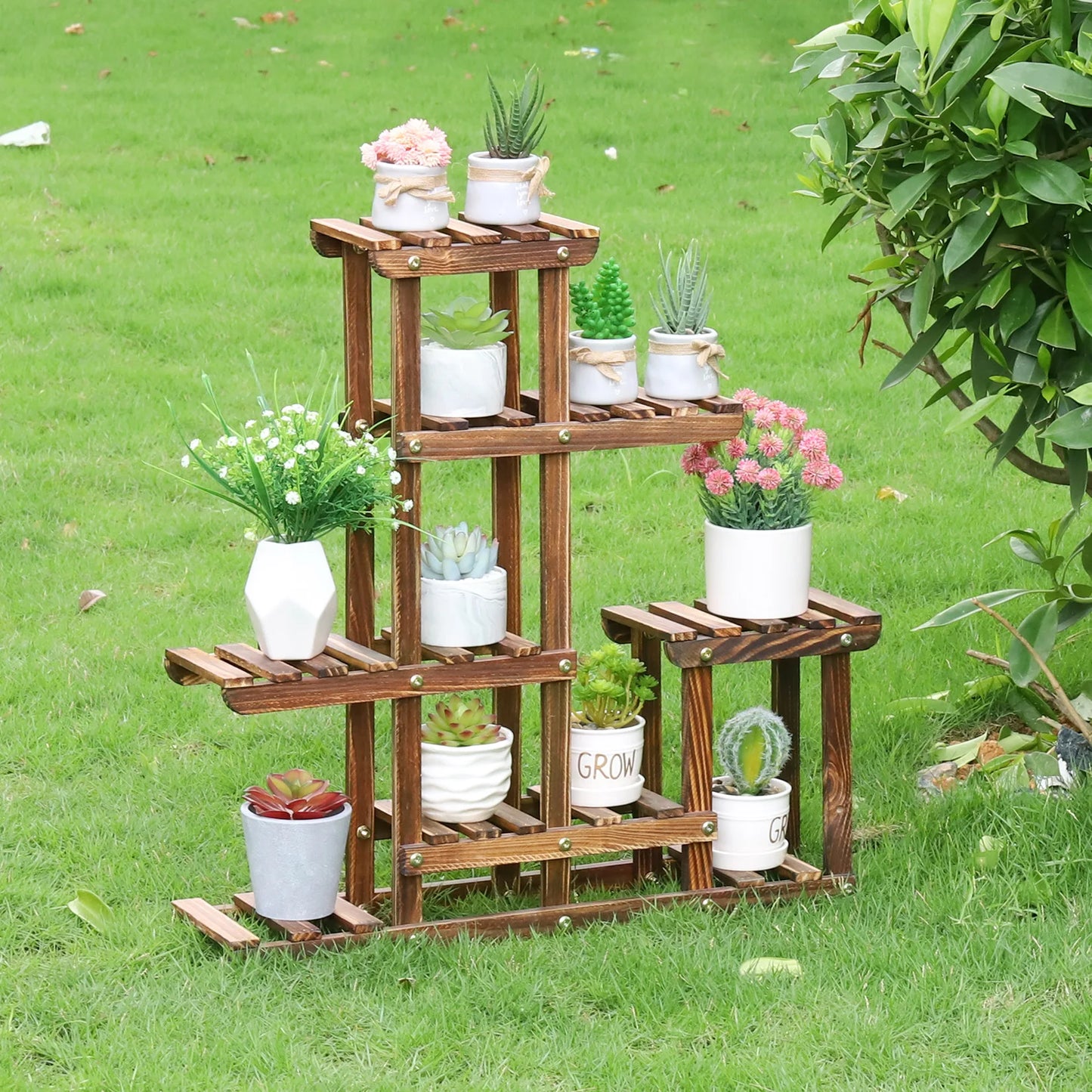 Multi-tiered Plant Stand 6 Tiers Pine wood Succulent Pots Planter Display Rack Balcony Potted Flower Rack Shelf Indoor Outdoor