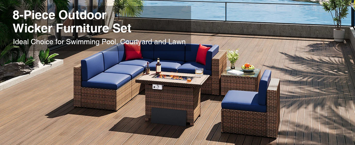 8-Piece Patio Furniture Set with 40” Fire Pit Table Wicker Rattan Conversation Set Removable Cushions and Tempered Coffee table