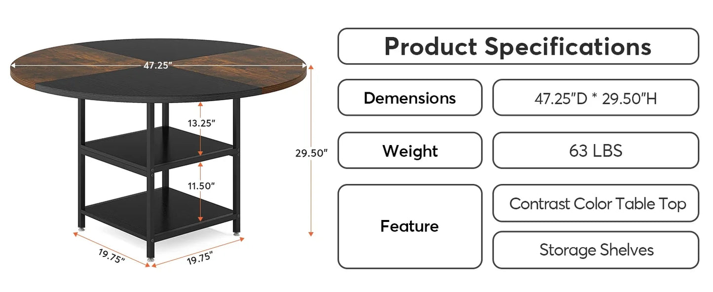 Tribesigns 47 inch Round Dining Table for 4, Wood Kitchen Table Large Dinner Table with Storage Shelf for Home Dining Room