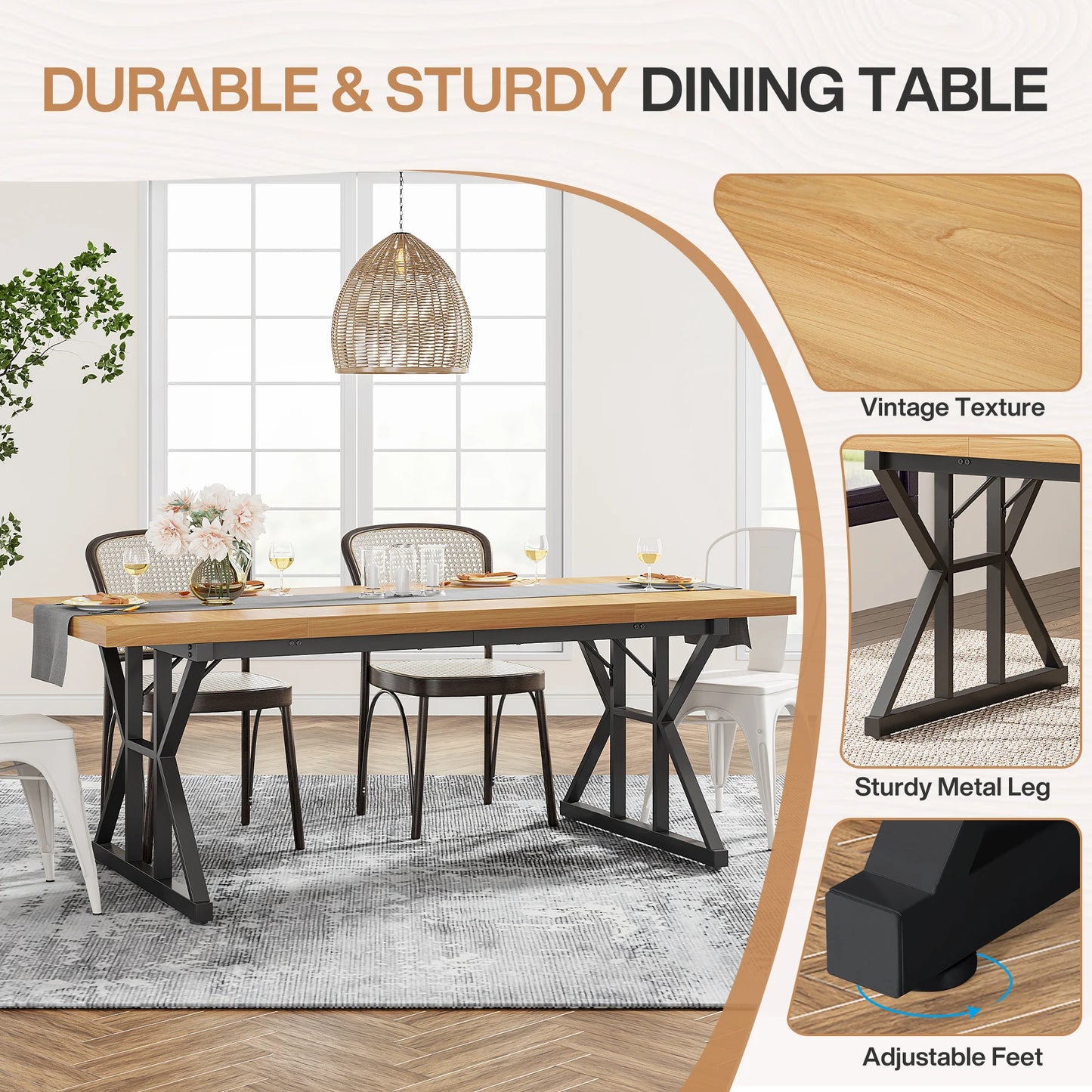 Tribesigns Dining Table for 6 People, 70.8-Inch Rectangular Wood Dining Table, Rustic Kitchen Table with Heavy Duty Metal Legs