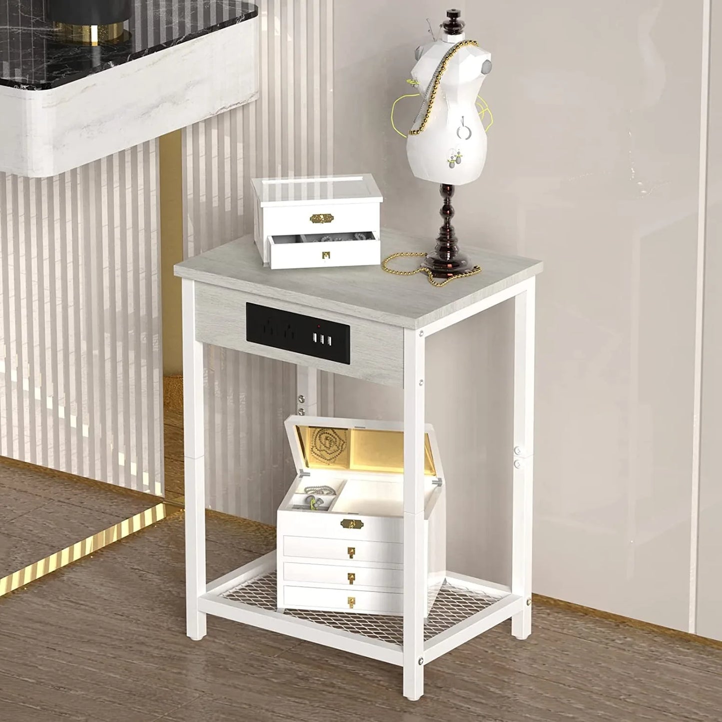 Nightstands Set of 2 with Charging Station, 2 Tier Bedside Table with USB Ports and Outlets, Narrow End Table with Storage Shelf