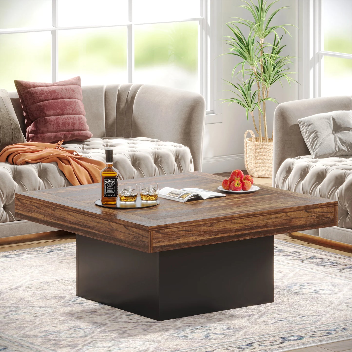 Tribesigns Coffee Table Square LED Coffee Table Engineered Wood Low Coffee Table for Living Room Rustic Brown & Black