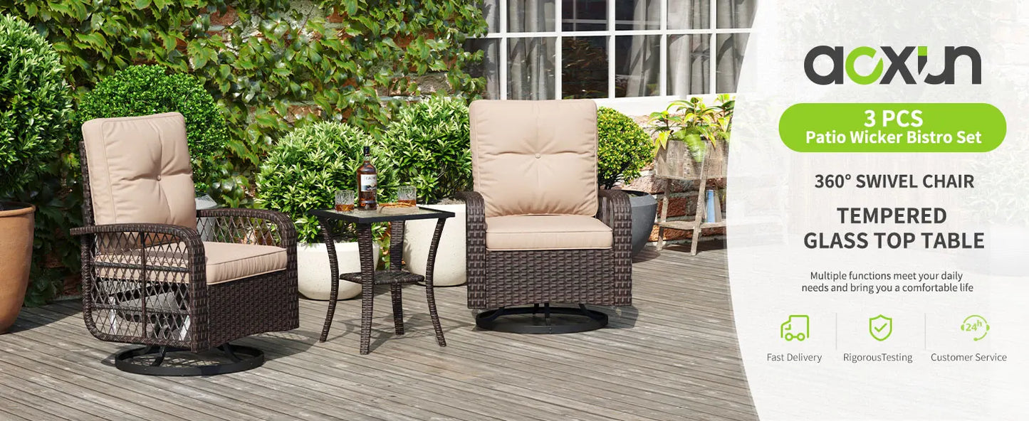 3 Pieces Patio Set Wicker Rattan Swivel Rocker Chairs Set of 2 with Small Side Table Patio Bistro Set with Rocking Chairs