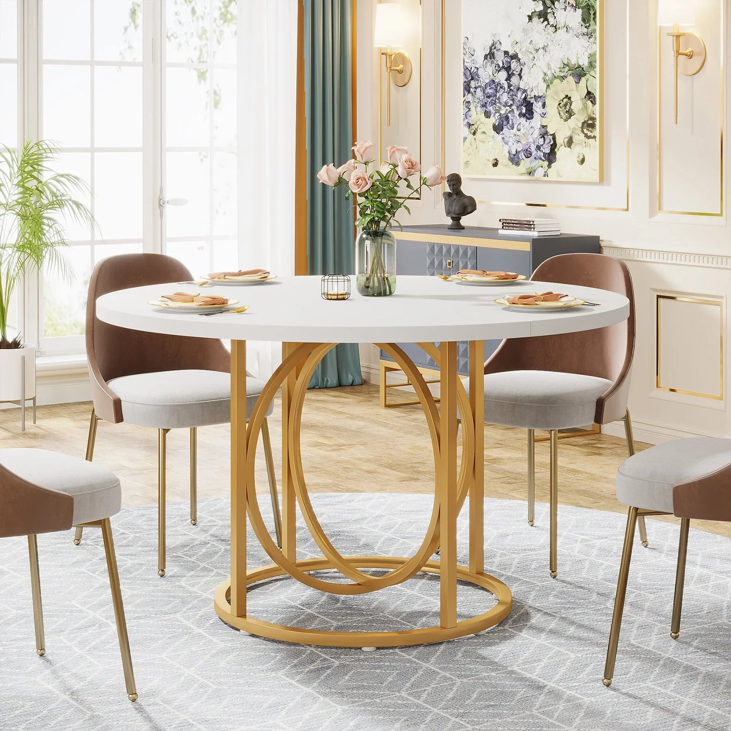 Tribesigns Modern Round Dining Table for 4, 47 Inch White Kitchen Table with Gold Base, Wood Dinner Table