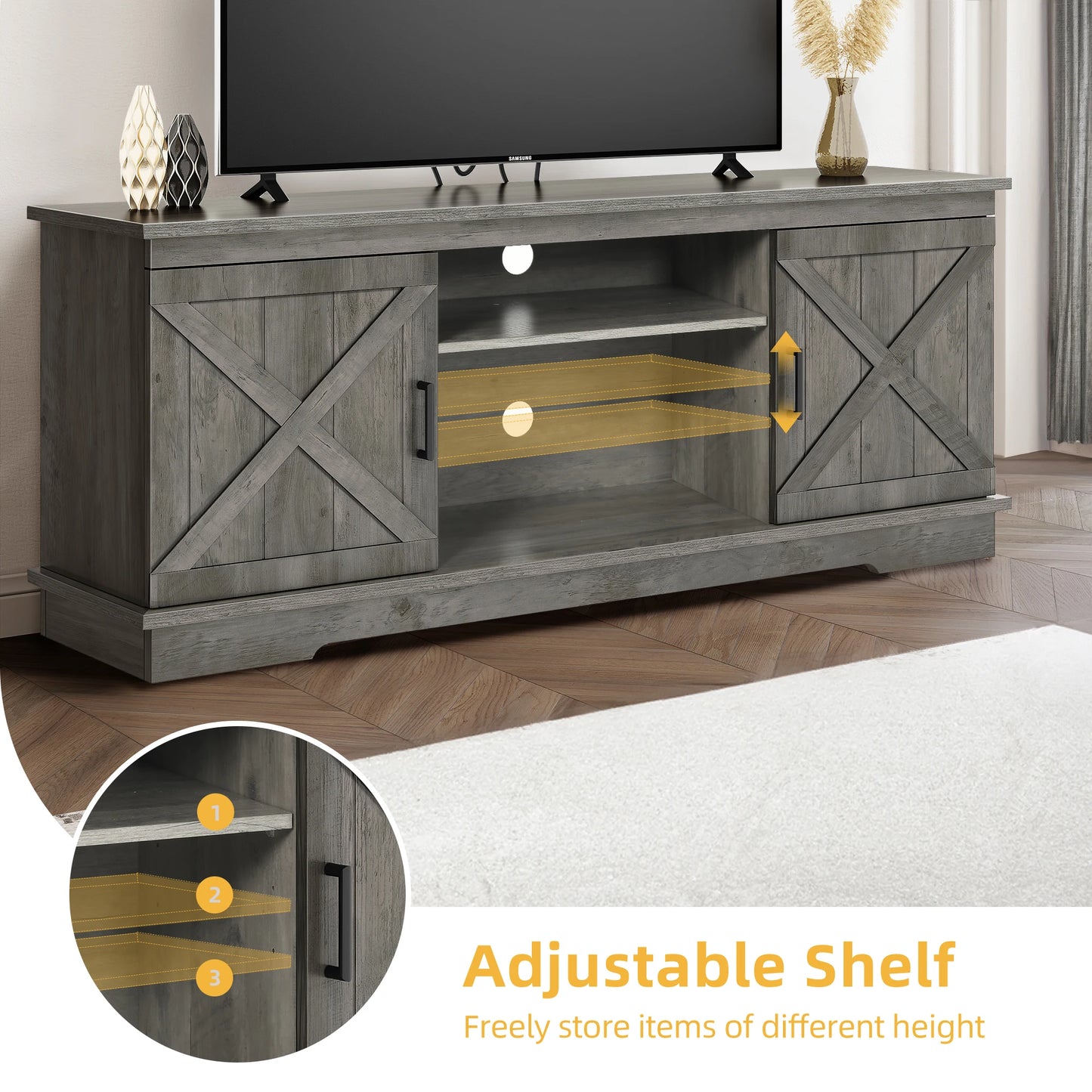 Farmhouse Rustic TV Stand Cabinet for Up to 65" TV Media Console Entertainment Center