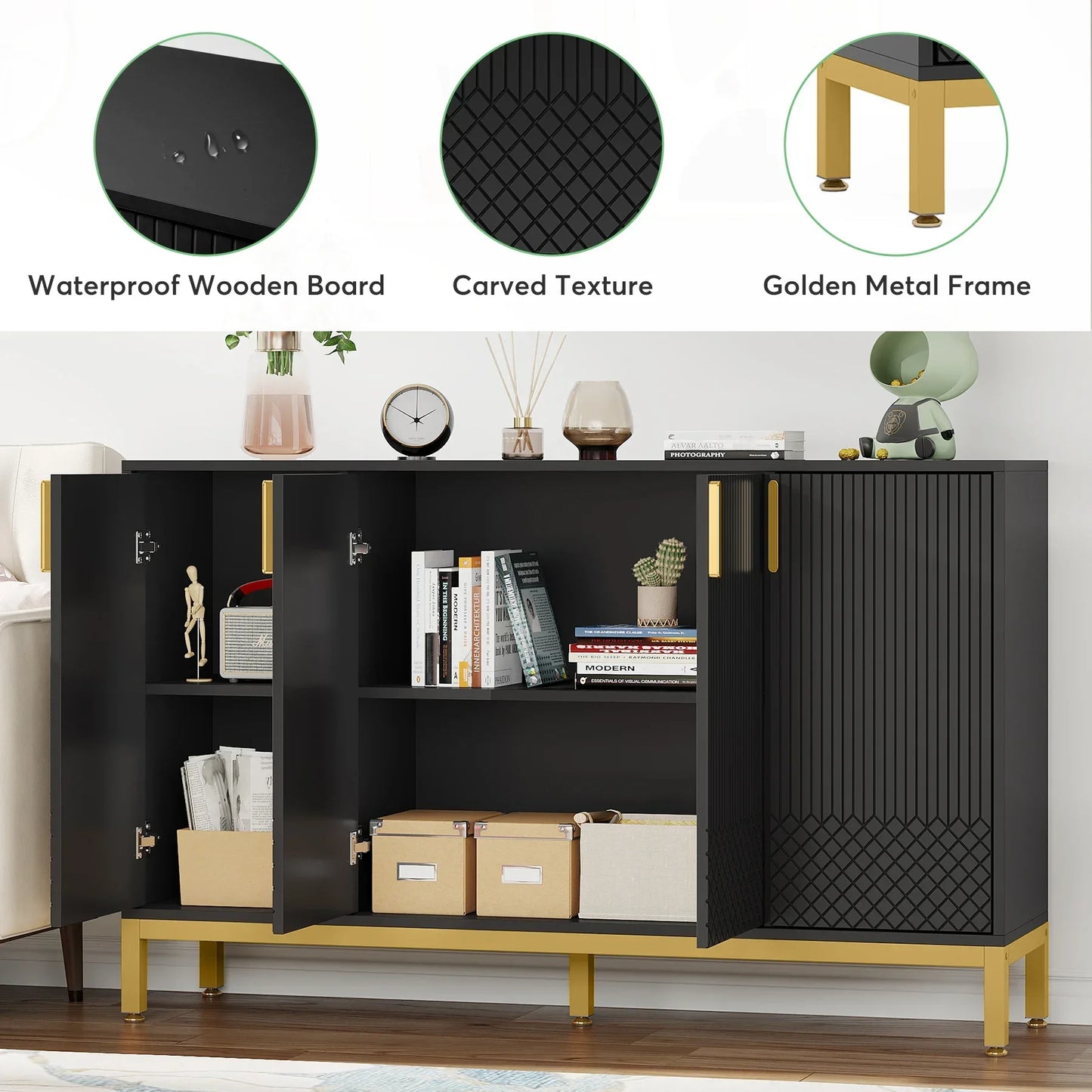 Tribesigns Black Storage Cabinet, 59 Inch Console Cabinet Sideboard Buffet Cabinet with 4 Doors, Entryway Cupboard Furniture