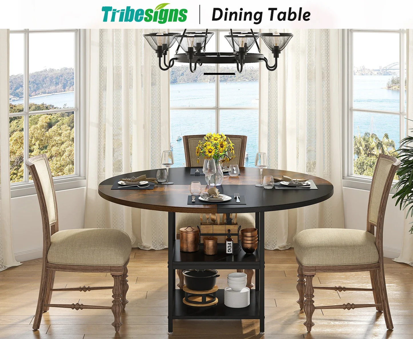 Tribesigns 47 inch Round Dining Table for 4, Wood Kitchen Table Large Dinner Table with Storage Shelf for Home Dining Room