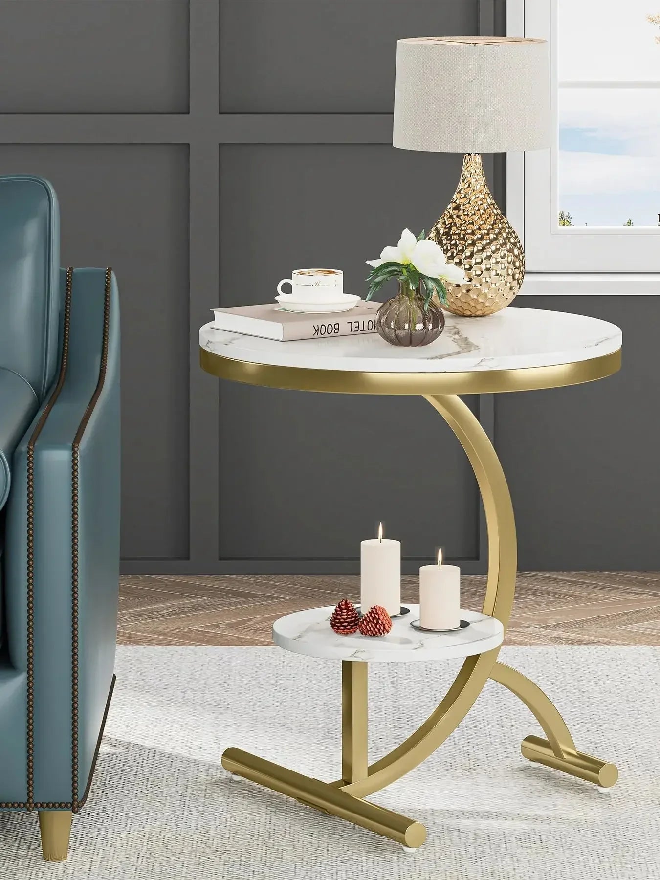 Tribesigns Faux Marble End Table, 2-Tier Round Sofa Side Table, 20'' Beside Table Storage Shelf C-Shaped Legs, Coffee Table