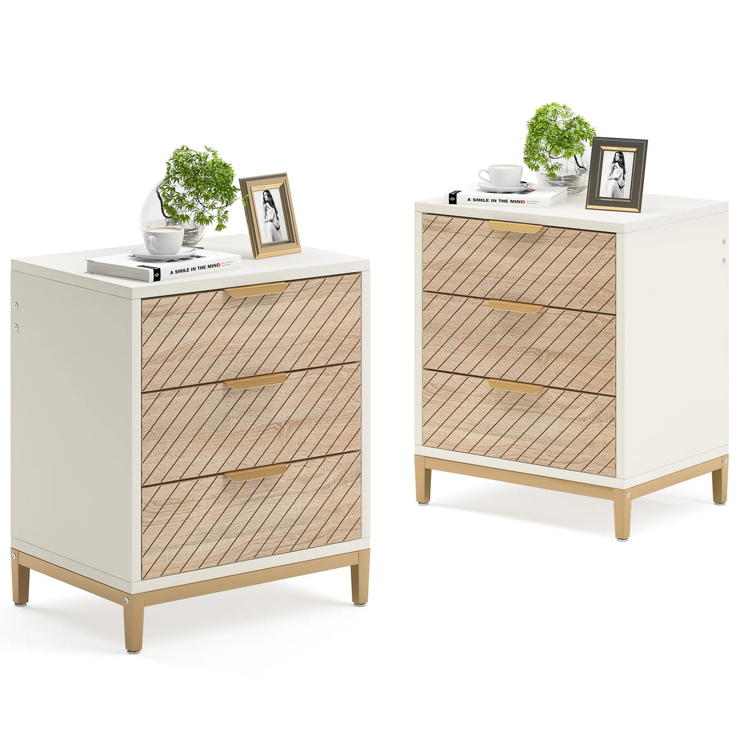 Tribesigns Night Stands for Bedrooms, White and Gold Light Wood Grain Nightstands with 3 Drawers Bedside Tables