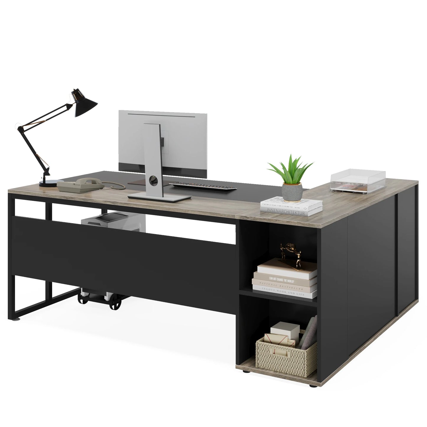 Tribesigns 71 inch Executive Desk, L Shaped Desk with Cabinet Storage, Executive Office Desk with Shelves