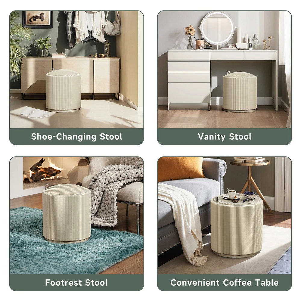 Round Storage Stools Ottoman Makeup Vanity Organizer Chair with Removable Lid Wood Upholstered Footrest for Living Room Bedroom