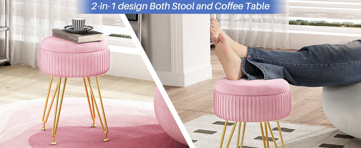 Redlife Velvet Vanity Stool Chair with Storage Multifunctional Makeup Chair Footrest with Anti-Slip Feet for Living Room Bedroom