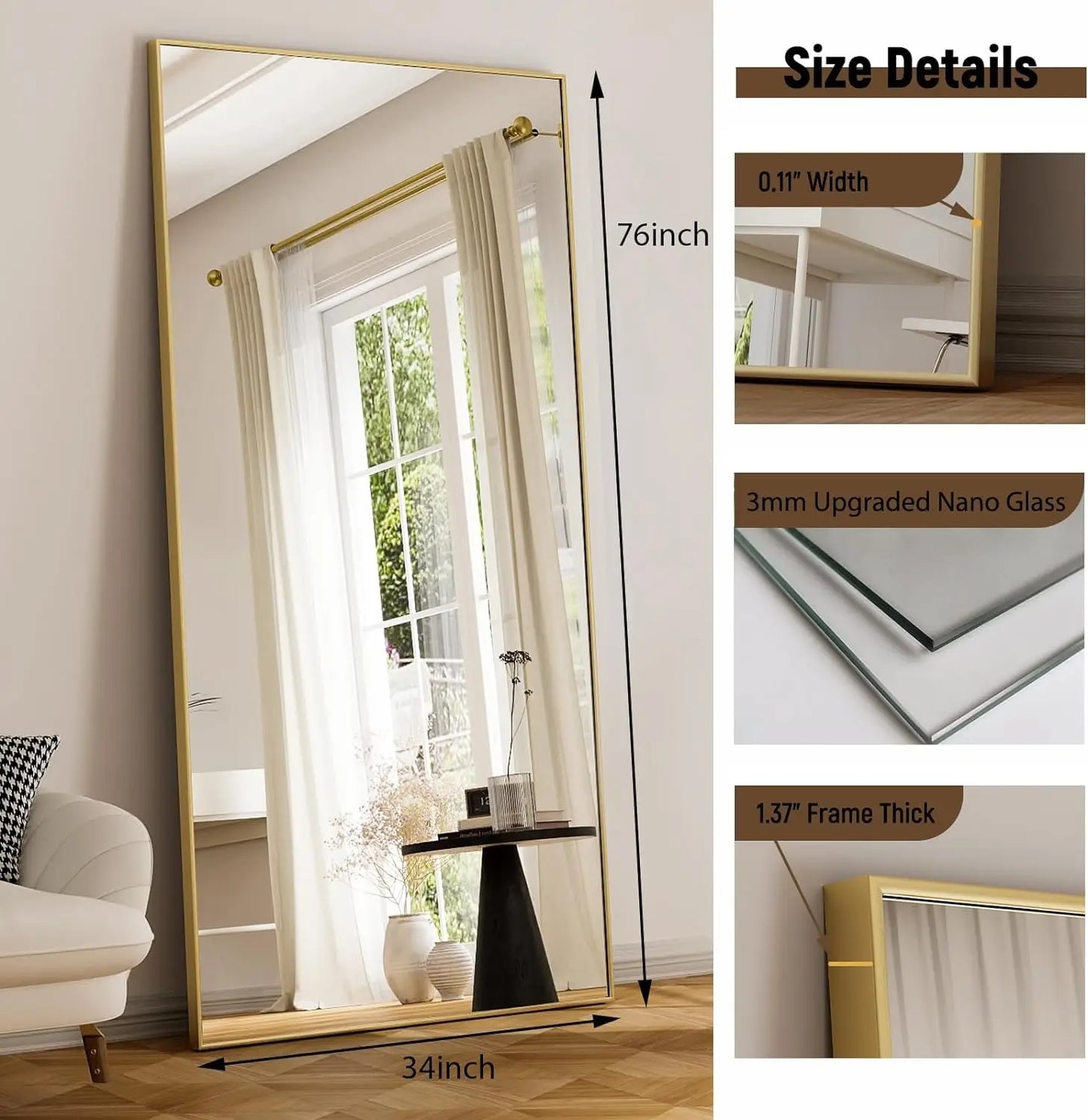 76"x34" Full Length Mirror Extra Large Hanging or Leaning Rectangle Mirror Aluminum Alloy Thin Frame Bedroom Floor Dressing