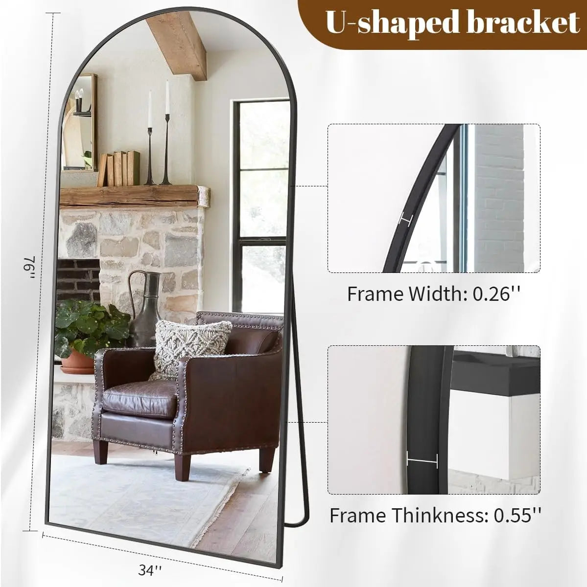 34"x76" Arched Full Length Mirror, Large Floor Mirror with Aluminum Alloy Frame Standing Hanging or Leaning Wall-Mounted M