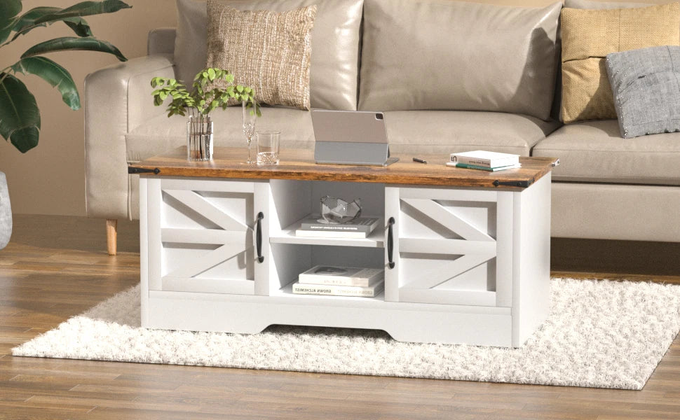 Coffee Table With Barn Doors, Farmhouse Center Table With Storage, Modern Rustic Style Wooden Living Room Table, White