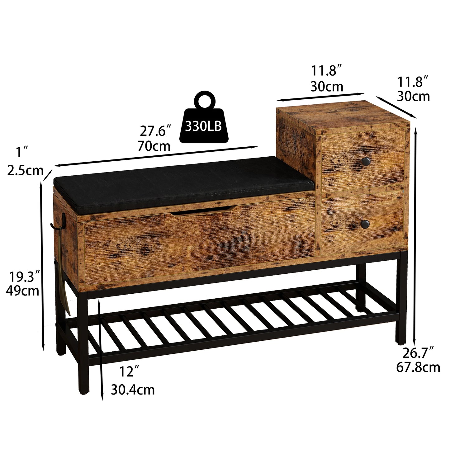 IRONCK Entryway Bench, Shoe Storage Bench with Flip Top Box and 2 Drawers, Shoe Rack with Removable Seat Cushion and Shoehorn