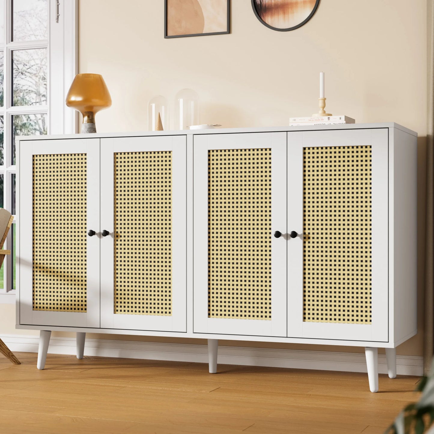 Rattan Buffet Cabinet with Storage, Accent Sideboard Cabinet with 4 Rattan Doors, Storage Cabinet for Living Room, Kitchen Room