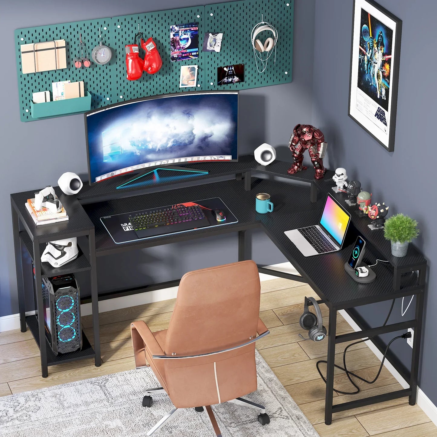 Tribesigns Black Gaming Desk with Power Outlets & LED Strips, L-Shaped Computer Desk with Storage Shelves, Writing Desk