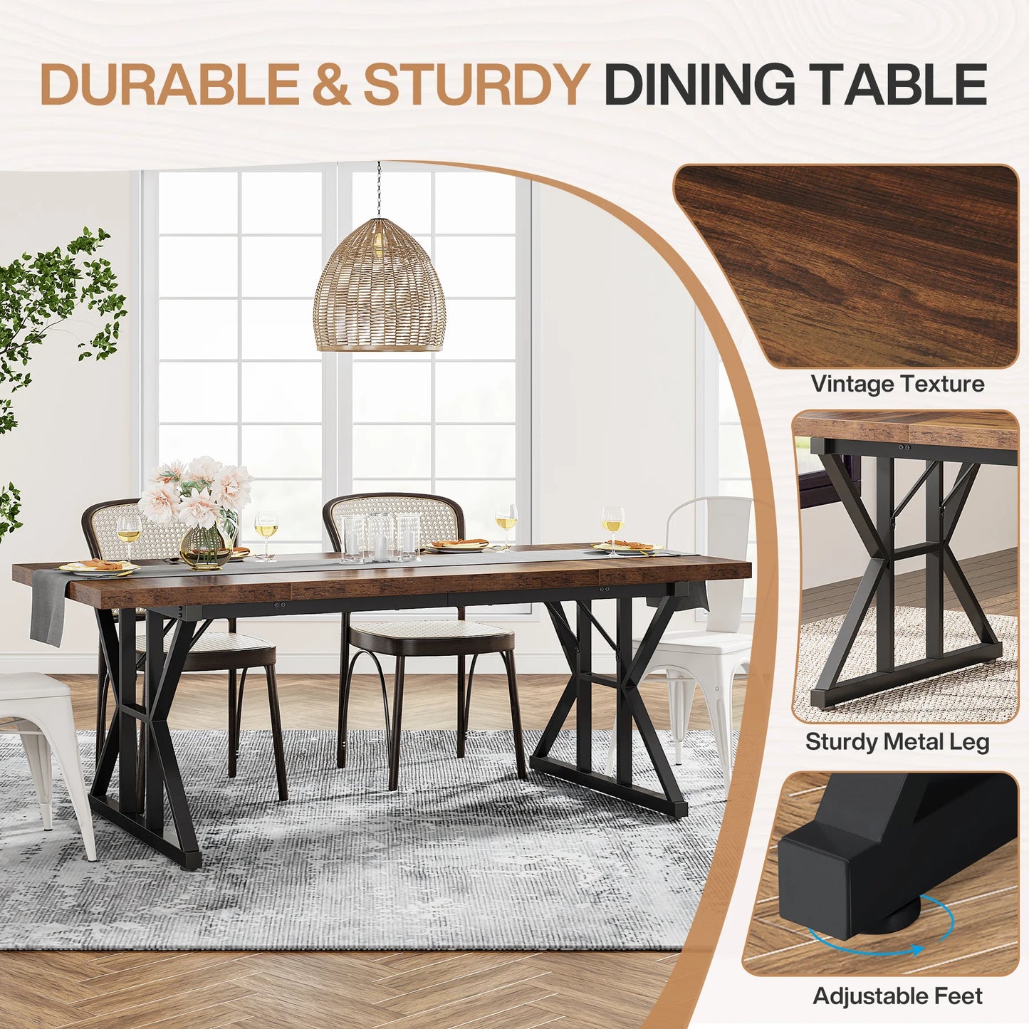 Tribesigns Dining Table for 6 People, 70.8-Inch Rectangular Wood Dining Table, Rustic Kitchen Table with Heavy Duty Metal Legs