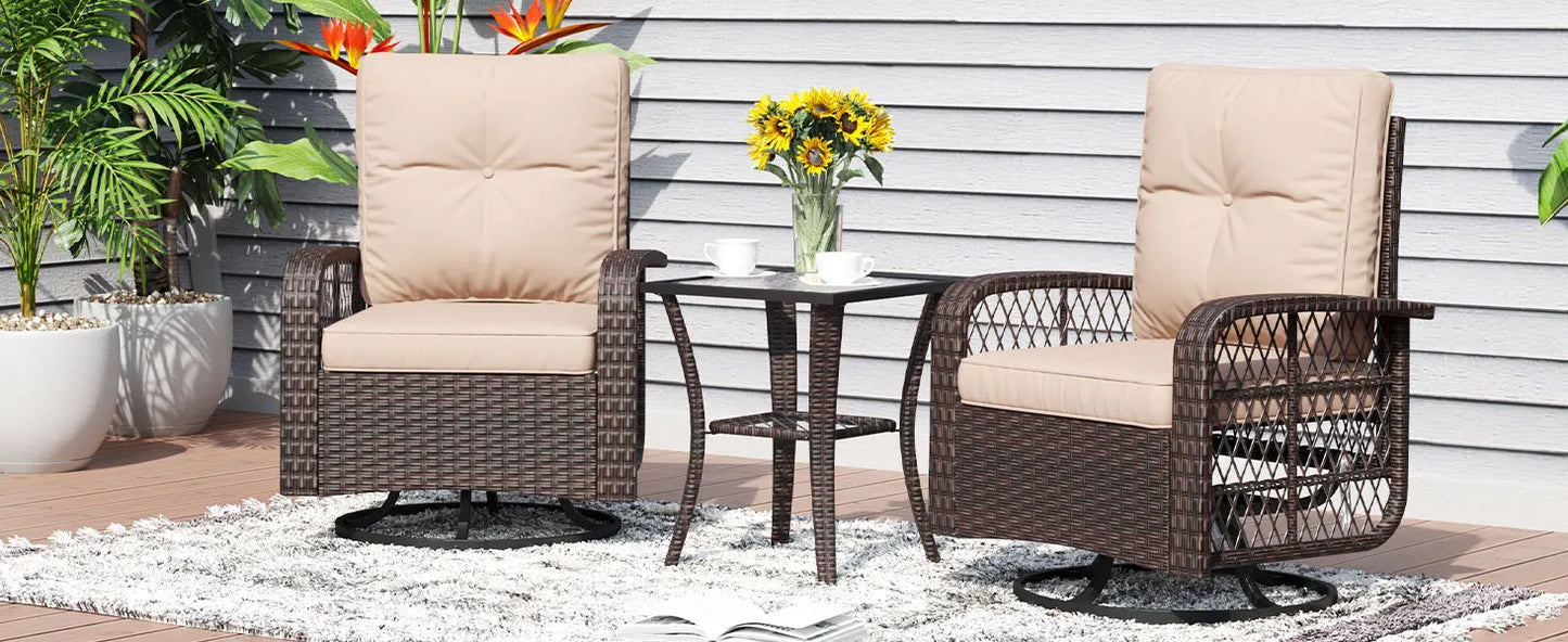 3 Pieces Patio Set Wicker Rattan Swivel Rocker Chairs Set of 2 with Small Side Table Patio Bistro Set with Rocking Chairs