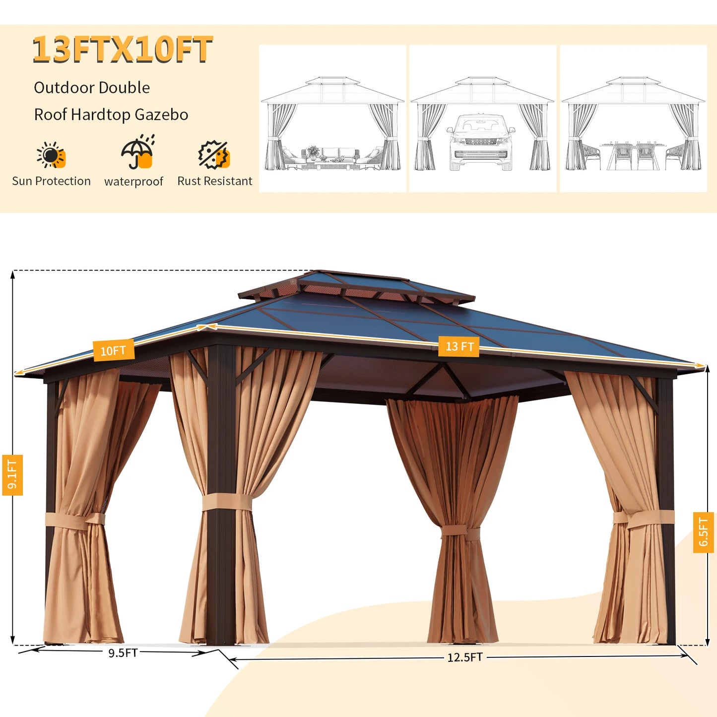 10x13FT Outdoor Polycarbonate Gazebo, Heavy Duty Double Roof Hardtop With Aluminum Frame And Netting And Curtains For Patios