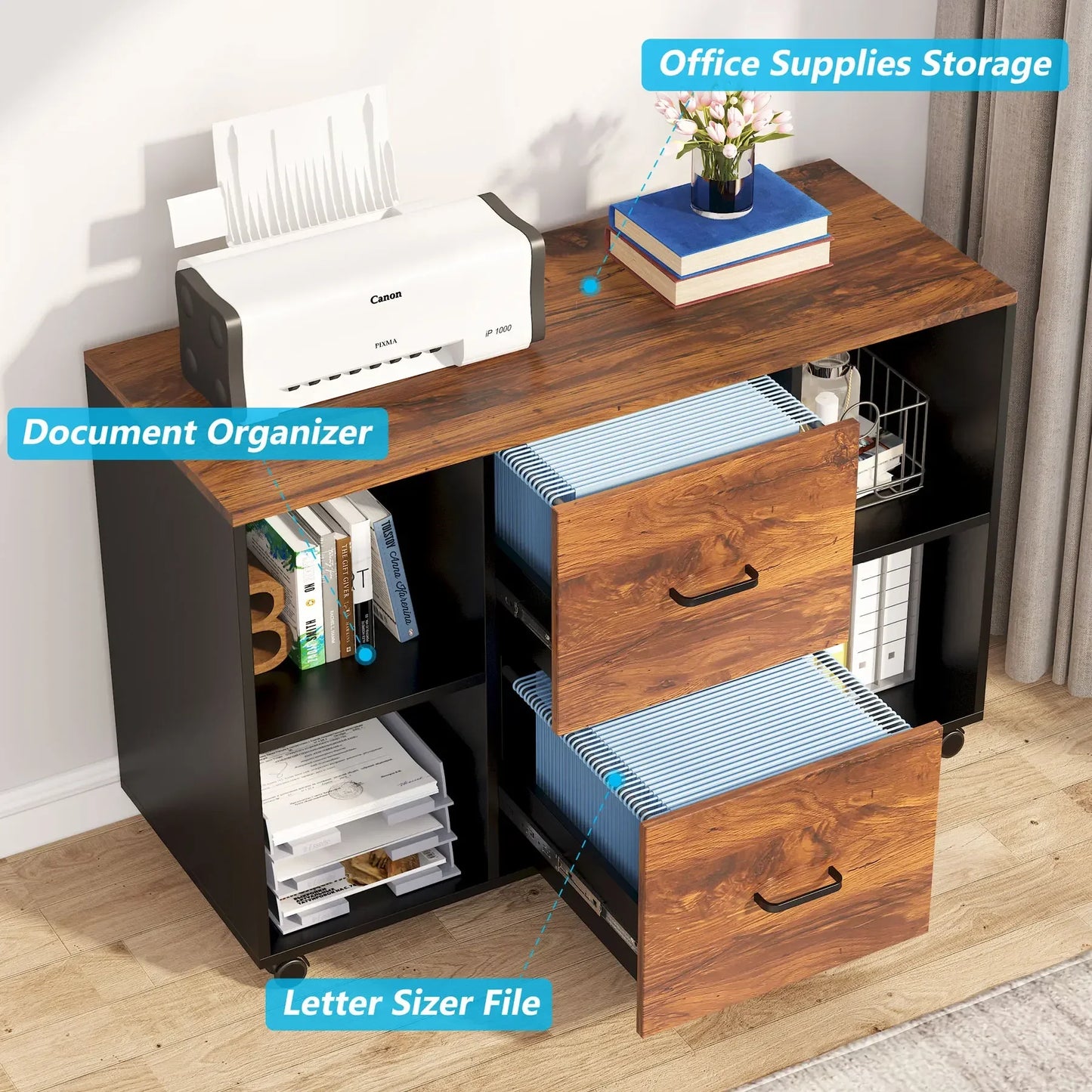 Tribesigns L-Shaped Computer Desk with Power Outlet and Drawer Cabinet with 40 inch Lateral File Cabinet