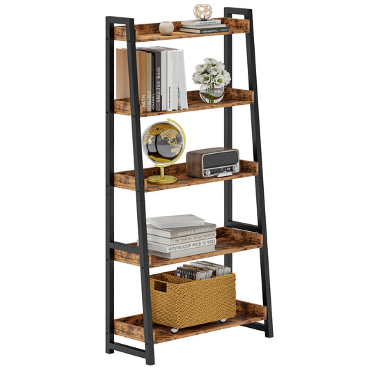 IRONCK Industrial Bookshelf 5-Tier 31.5in Wide, Bookcase Ladder Shelf, Storage Shelves Rack Shelf Unit, Accent Furniture Metal F