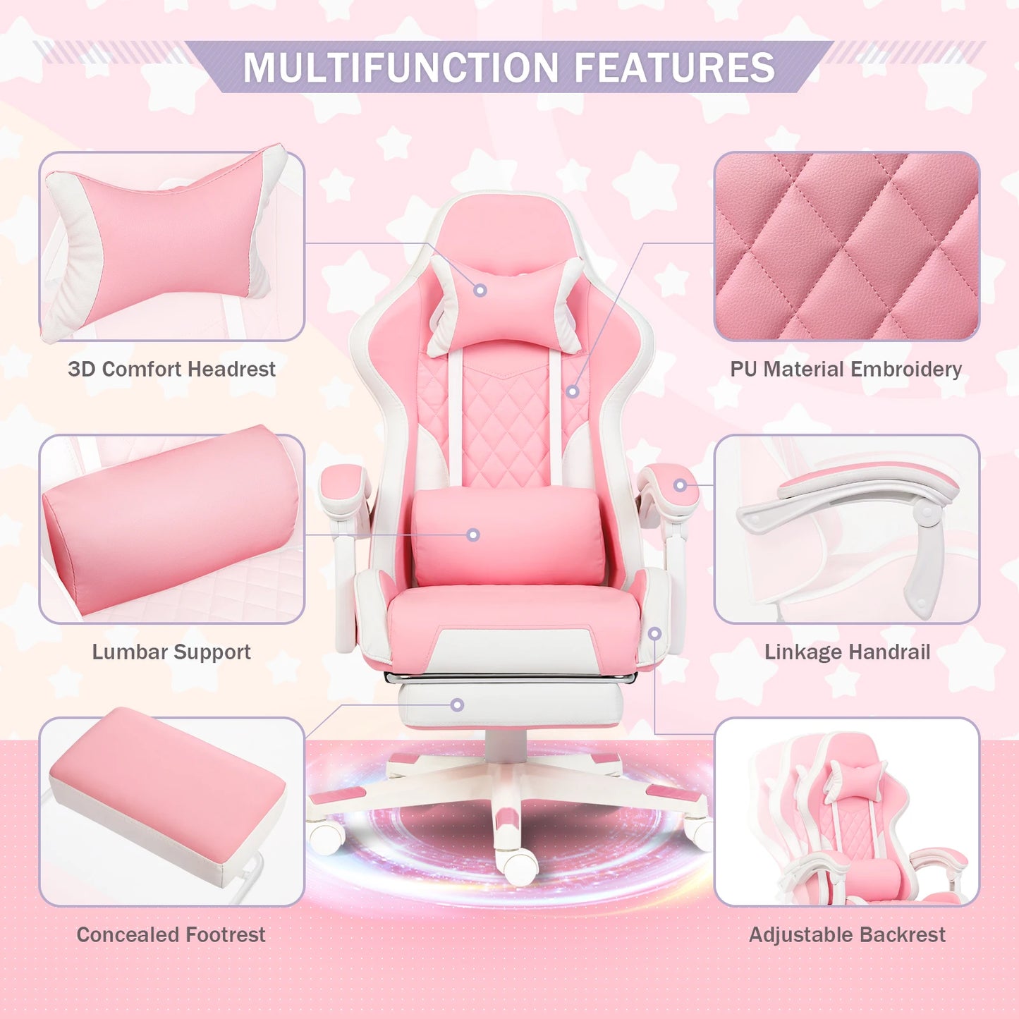 Pink Gaming Chair, Ergonomic Swivel Task Chair with Breathable Fabric, Pocket Spring Cushion, Lumbar Support, Footrest