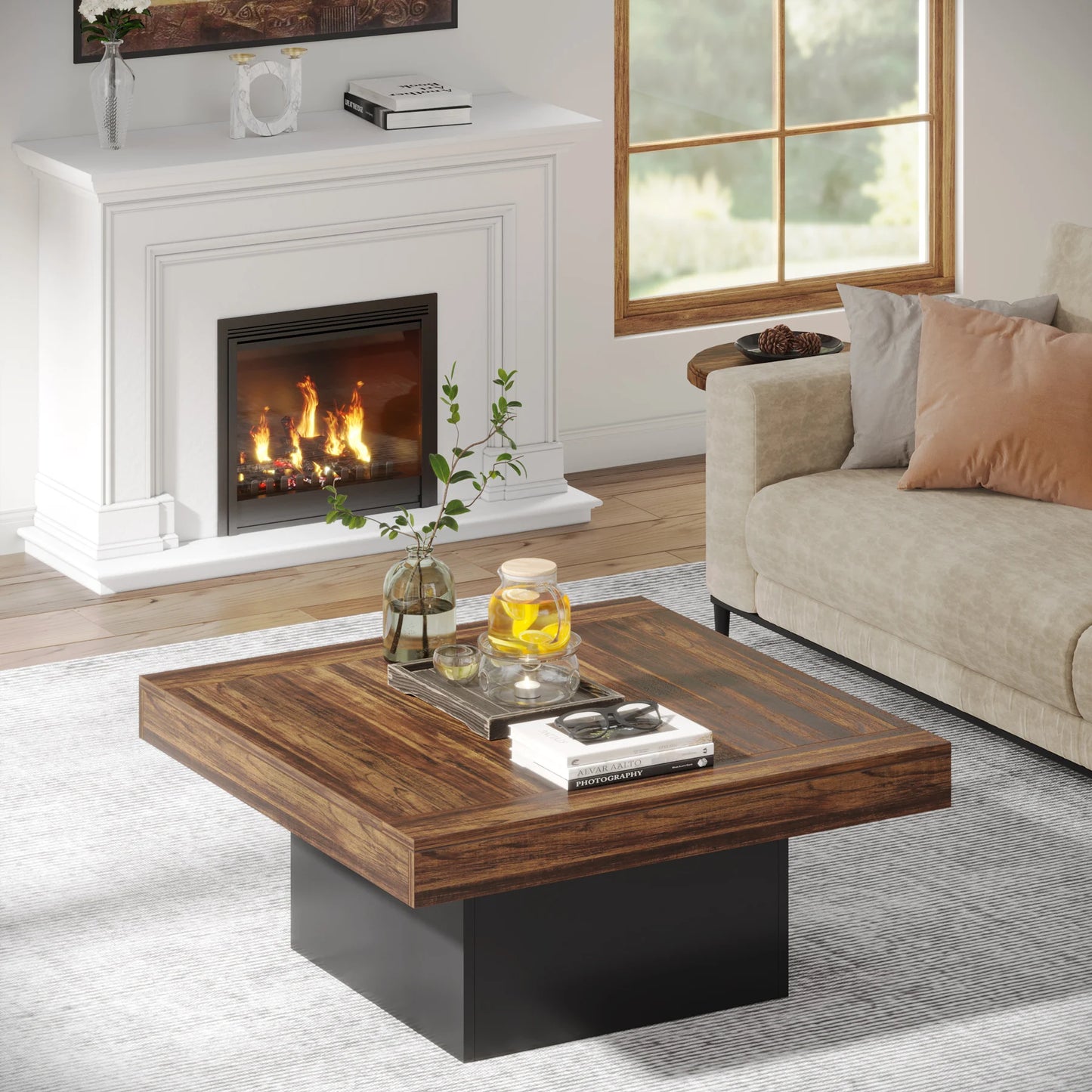 Tribesigns Coffee Table Square LED Coffee Table Engineered Wood Low Coffee Table for Living Room Rustic Brown & Black