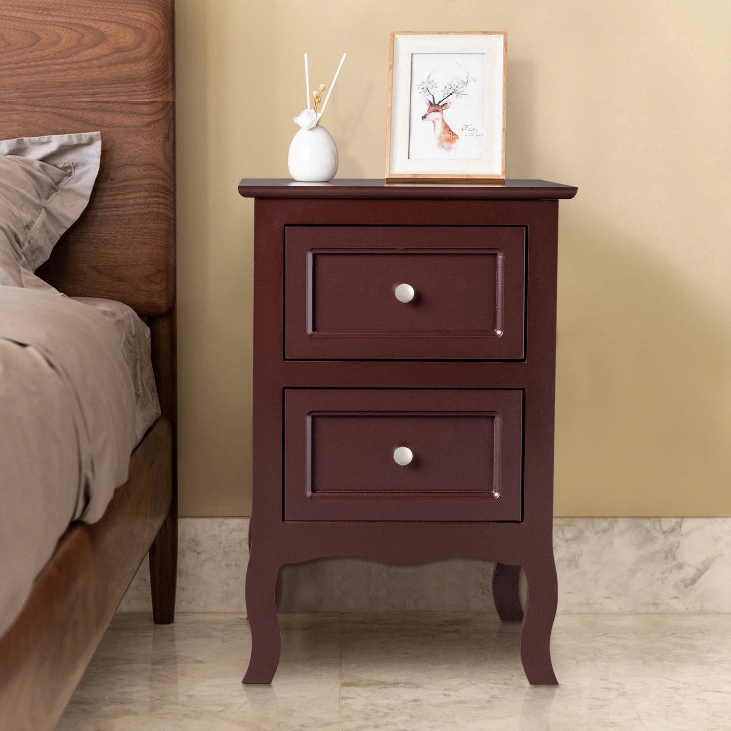 2pcs Country Style Nightstand 2-Tier Night Tables Large Size Bedside Table End Table White/Grey/Brown[US-W]