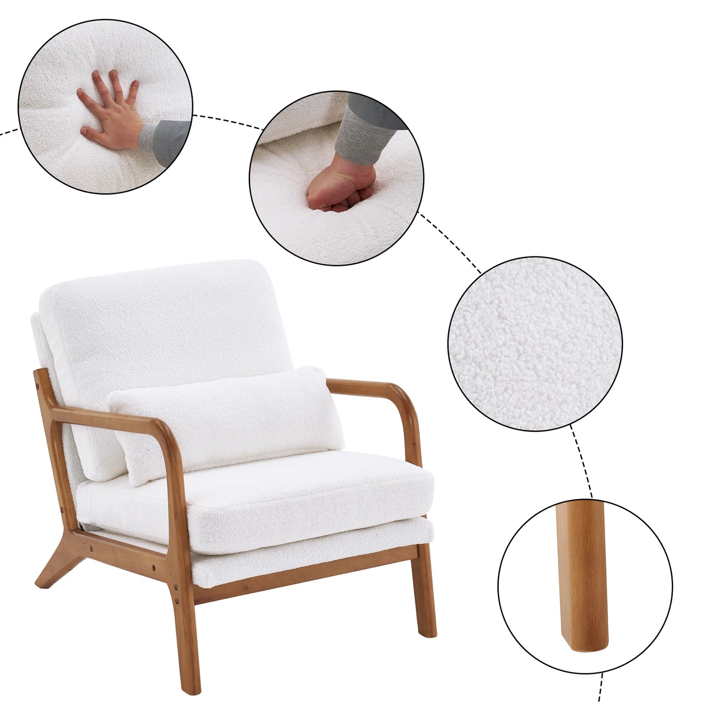 6 Colors Oak Armrest Upholstered Single Lounge Chair Indoor Lounge Chair Off-White[US-W]