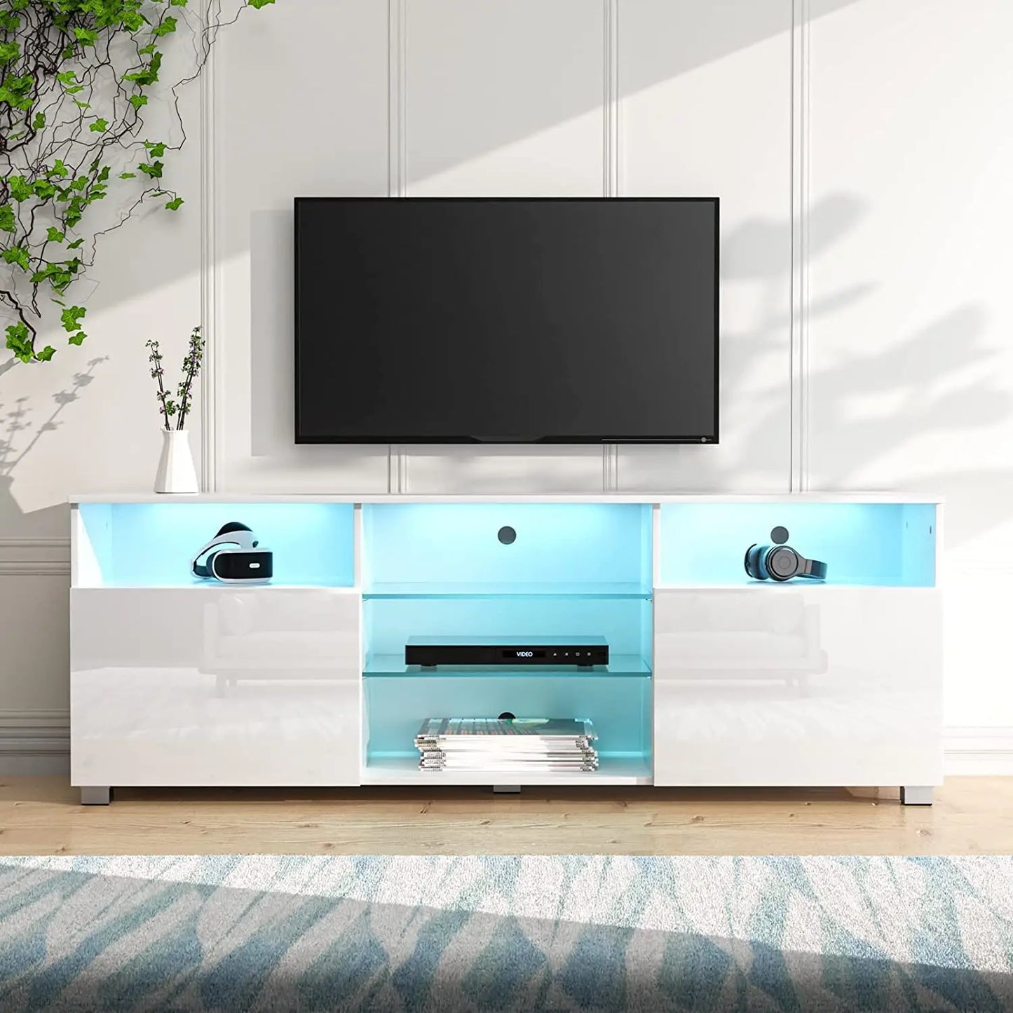 57" LED TV Stand for 55/60/65" TV, High Gloss TV Cabinet with Adjustable Storage Shelves, Modern LED Entertainment Center, White