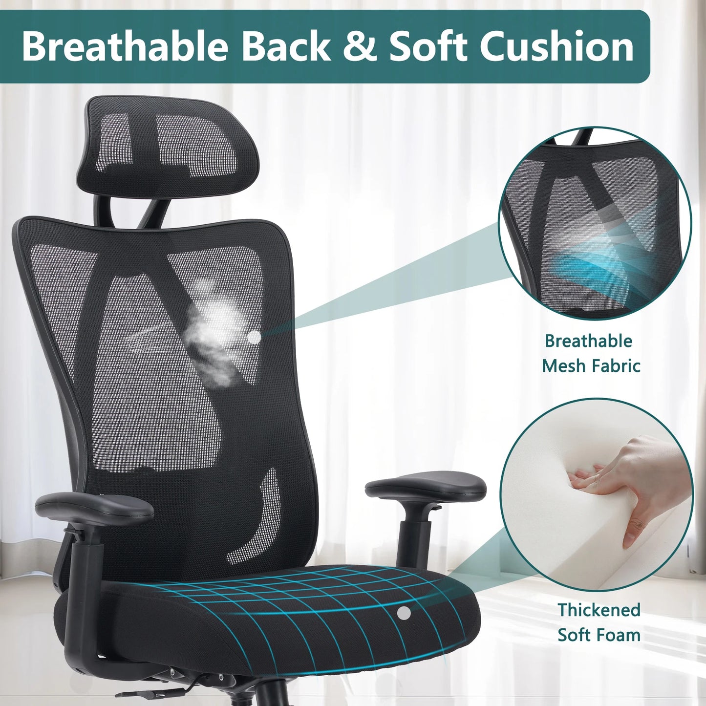 JHK Ergonomic Lumbar Support Mesh Backrest Office Chair Adjustable Height Headrest Breathable Back Rolling Swivel Gaming Chairs