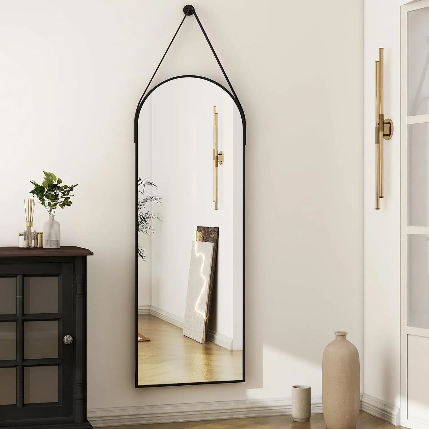 16"x48"Arched Mirror with Hanging Leather Strap Full Length Mirror Aluminum Frame Wall-Mounted Arch Mirror Hanging Mirrors